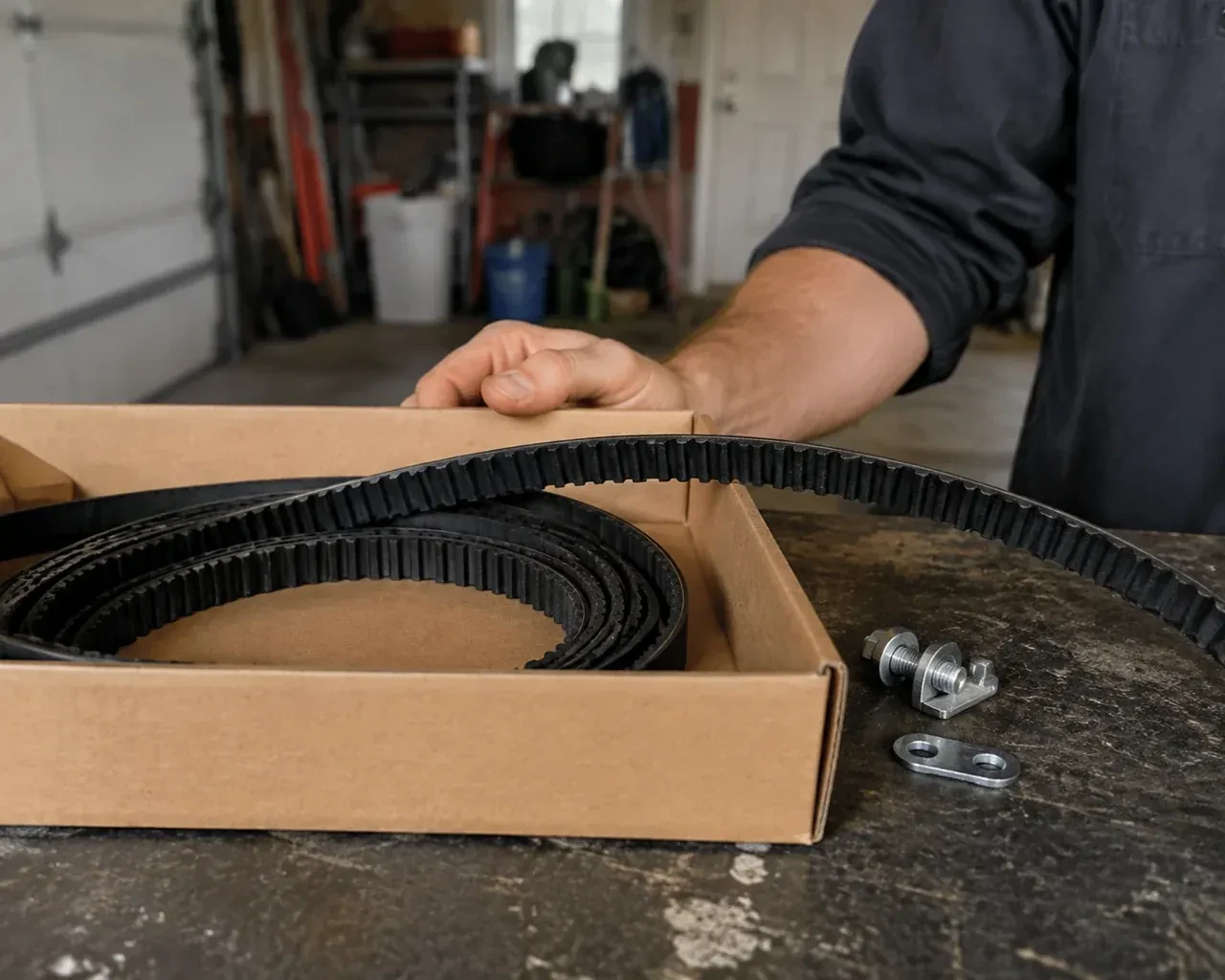 A toothed black drive belt lies in an open cardboard box beside small metal fittings on a garage workbench. — Belt-Drive Opener Repair, St. Clements