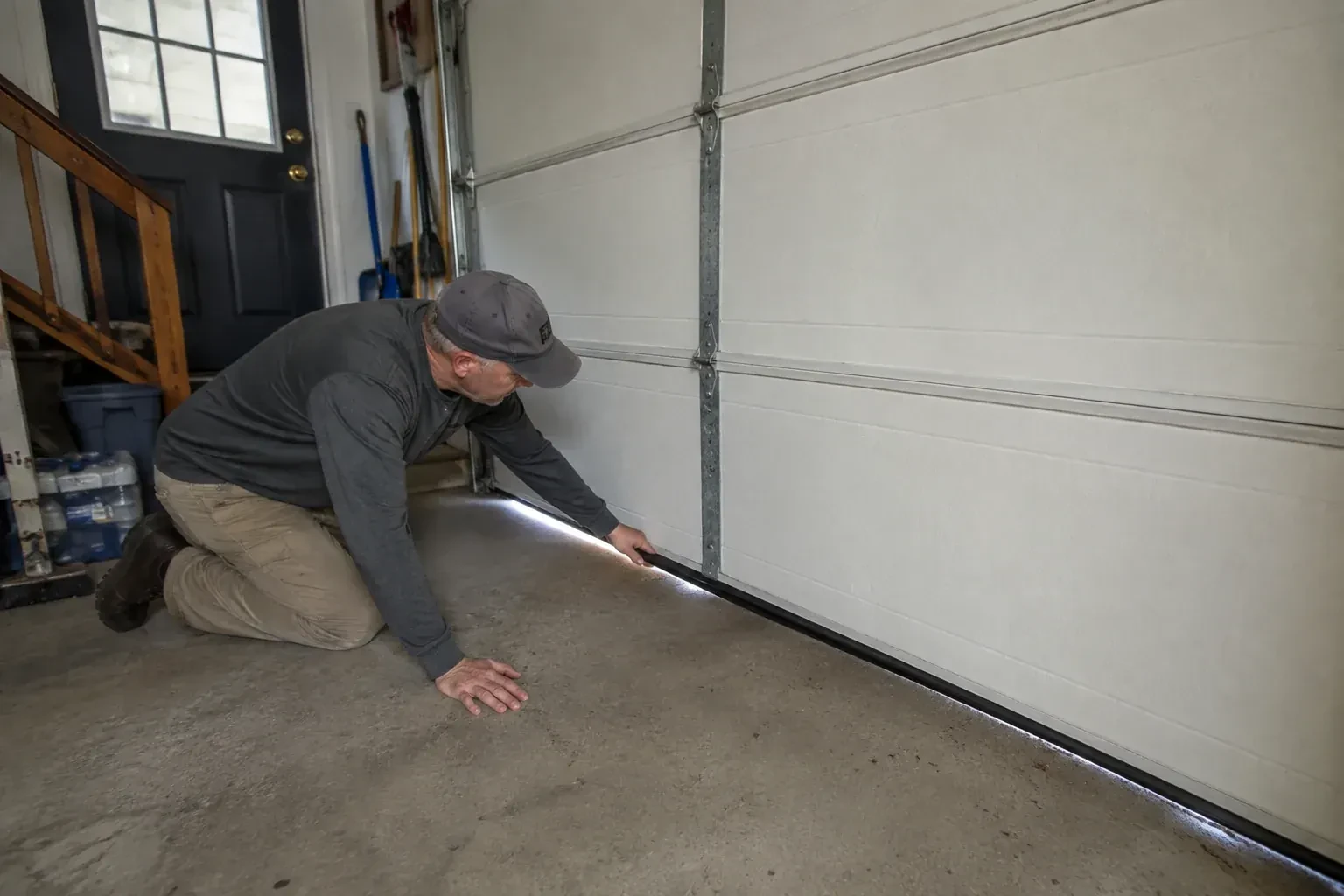 A person kneels beside the black bottom seal of a garage door, with daylight visible beneath the edge. — Garage Door Bottom Seal Replacement, Waterloo