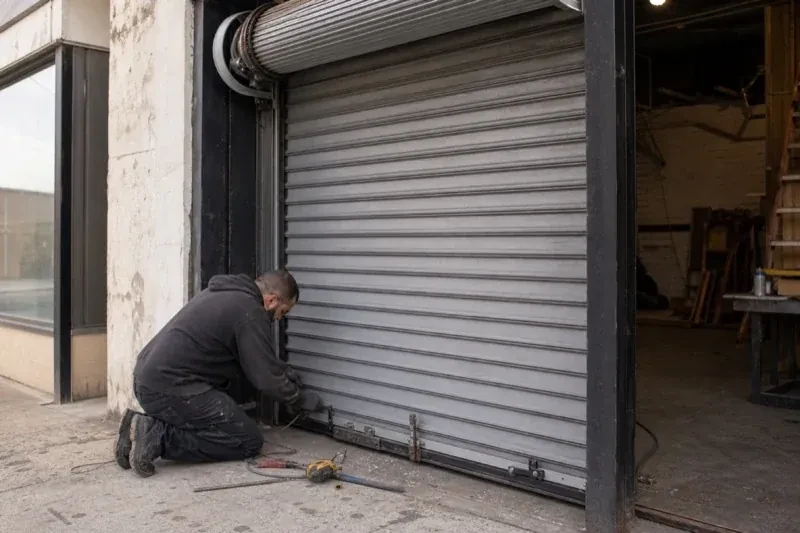 Person kneeling beside the bottom of a metal rolling door with tools on the ground — Commercial Rolling Door Repair, Waterloo