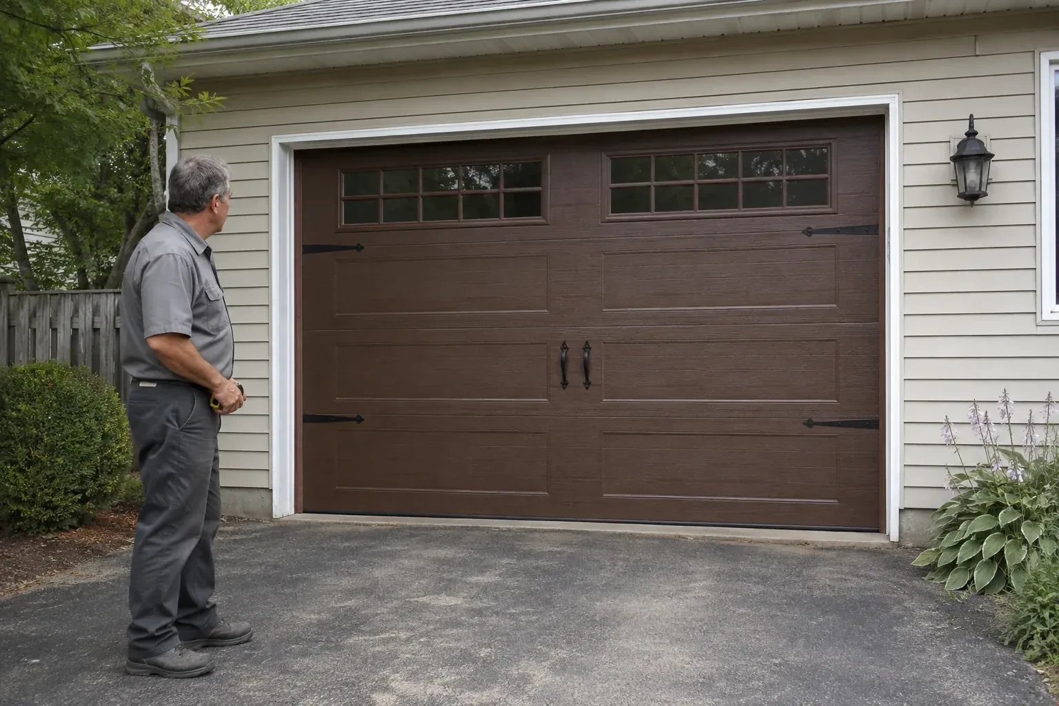 A person stands beside a closed brown garage door with upper windows and black decorative straps and handles. — Carriage-House Garage Door Installation, Waterloo