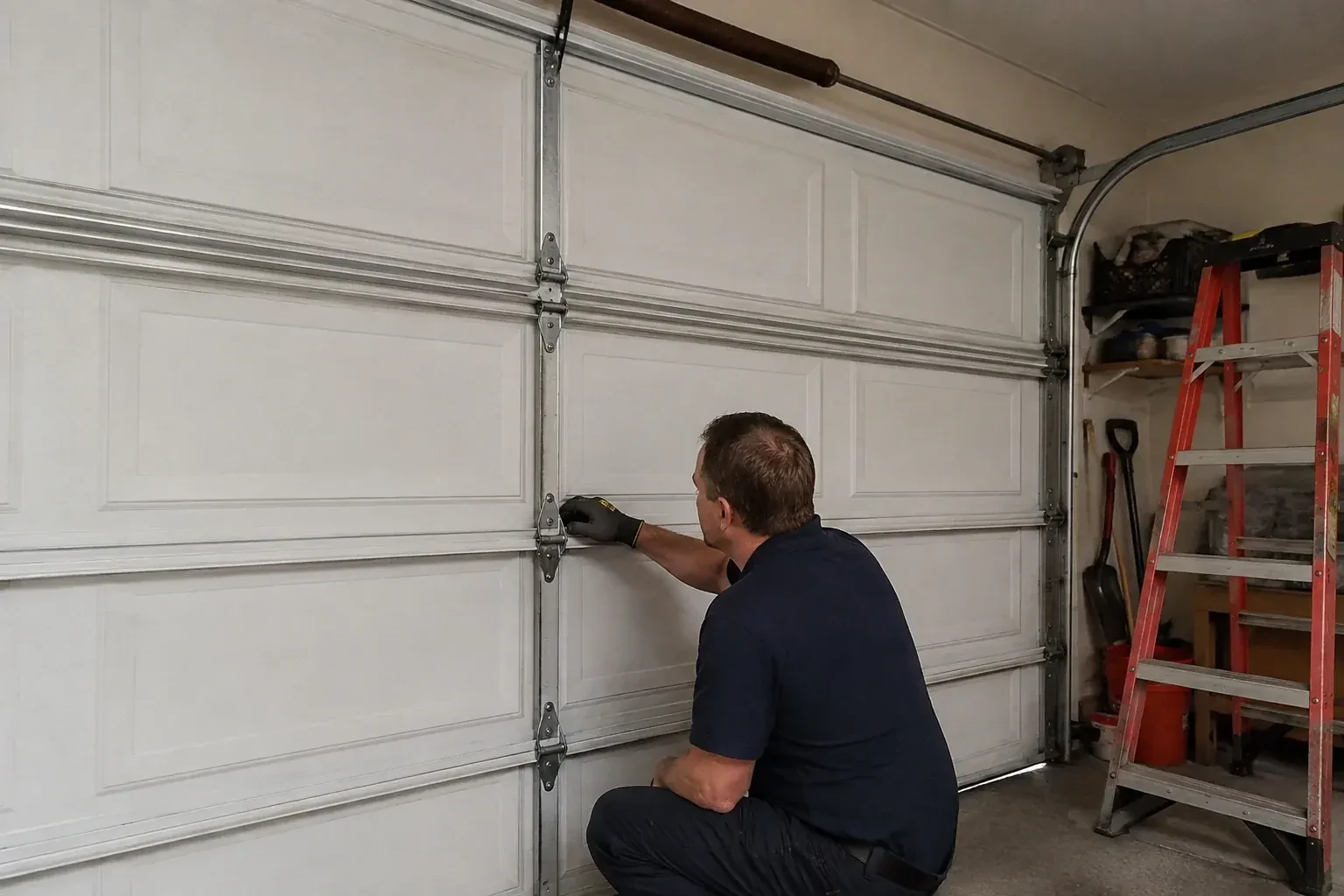 A person examines a central hinge joining two sections of a closed garage door. — Garage Door Hinge Replacement, Waterloo