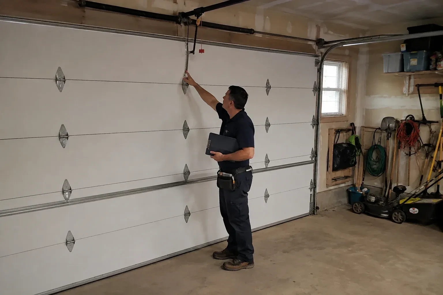 A person holding a clipboard examines the interior hardware of a closed garage door. — Garage Door Tune-Up, Waterloo
