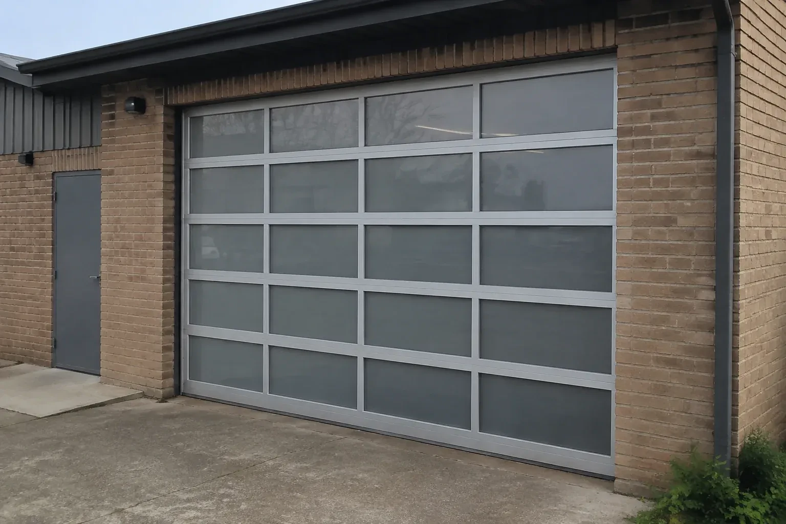 Closed glazed sectional door in a grey metal frame at a brick workshop. — Full-View Glass Garage Door Installation, Waterloo