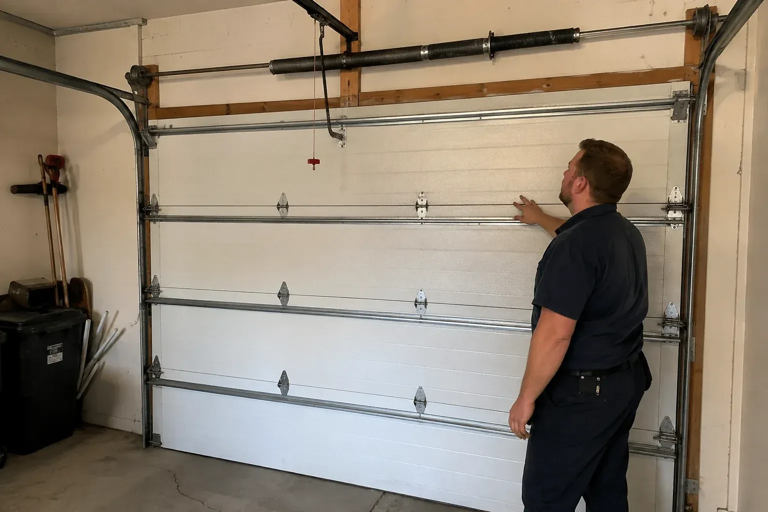 A person stands beside a closed sectional door beneath its overhead spring assembly. — Garage Door Balance Adjustment, Waterloo