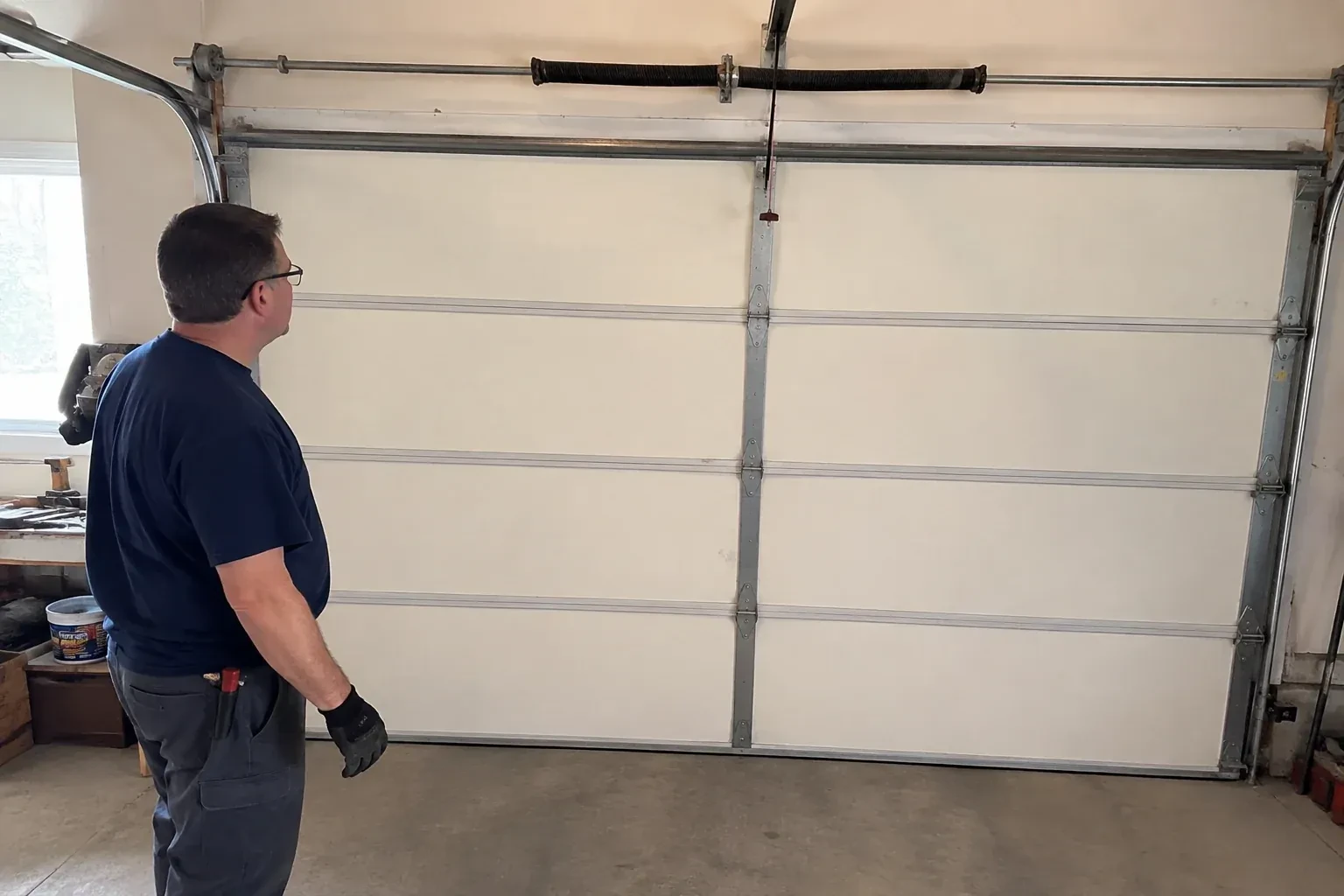 Person in a dark shirt standing before a closed cream sectional door, looking up at a coiled spring and red-tipped cord. — Off-Track Garage Door Reset, Waterloo