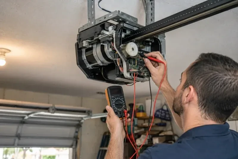 Person holding a multimeter and a red probe near the exposed circuit board of an overhead garage-door opener. — Garage Door Opener Diagnosis and Repair, Waterloo