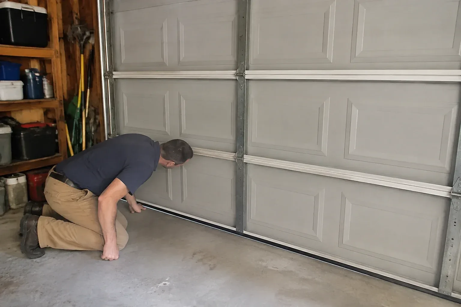 Person kneeling with a hand at the base of a gray paneled door that has a black strip along its bottom. — Garage Door Perimeter Weatherstrip, Waterloo