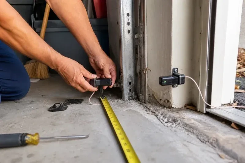 Hands holding a small wired device beside another mounted device and a tape measure at a garage-door opening — Photo-Eye Sensor Alignment or Replacement, Linwood