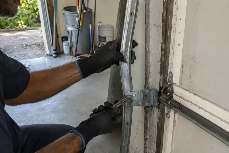 Gloved hands holding a vertical garage-door track and a wrench at its mounting bracket beside a door hinge. — Garage Door Track Repair or Replacement, Waterloo