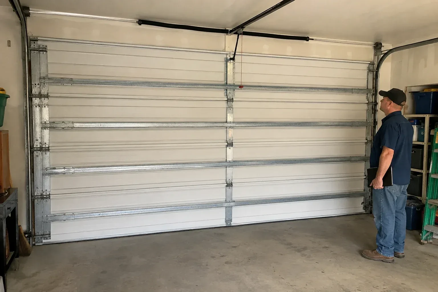 A person examines horizontal metal reinforcement members across the interior of a closed garage door. — Wind-Rated Garage Door Replacement, Waterloo