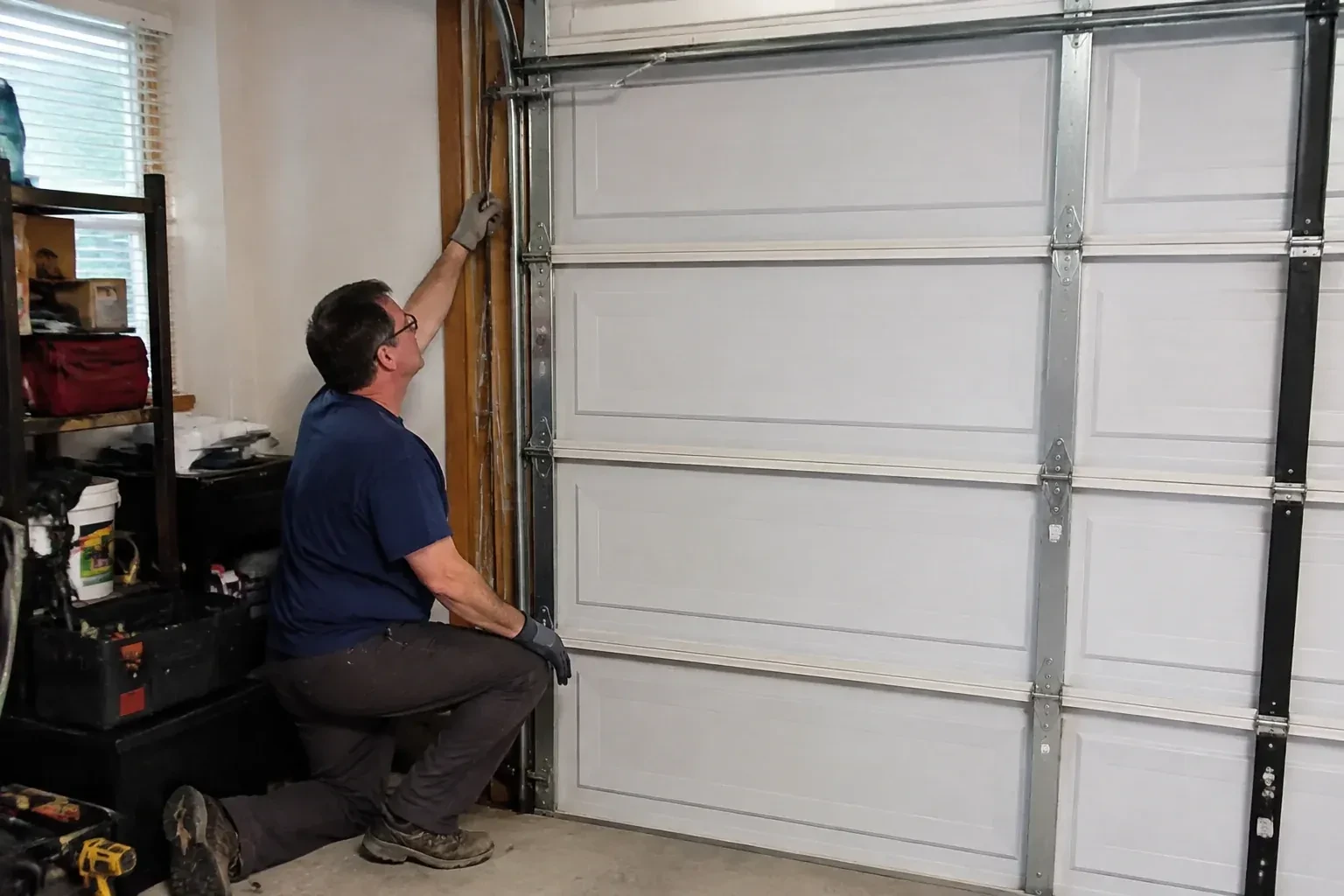 Person kneeling inside a garage reaching up along the vertical track of a white paneled door, with a toolbox and drill nearby. — Garage Door Cable Replacement, Waterloo