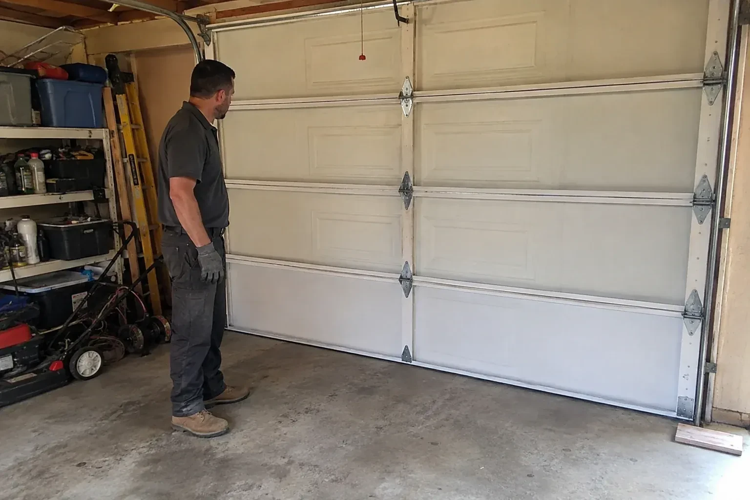 A person examines the interior panels and hinges of a closed sectional garage door. — Garage Door Panel Replacement, Waterloo