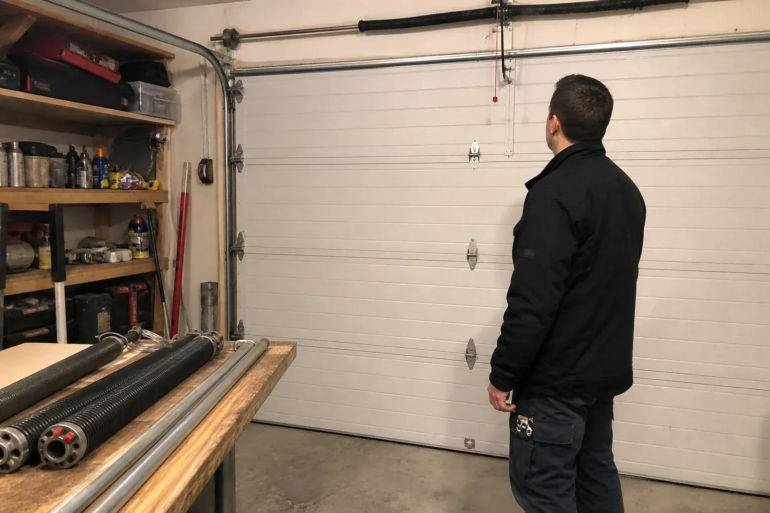 Person in a jacket facing a closed white sectional door, with coiled springs and steel tubes on a wooden bench. — Extension Spring Replacement, Waterloo