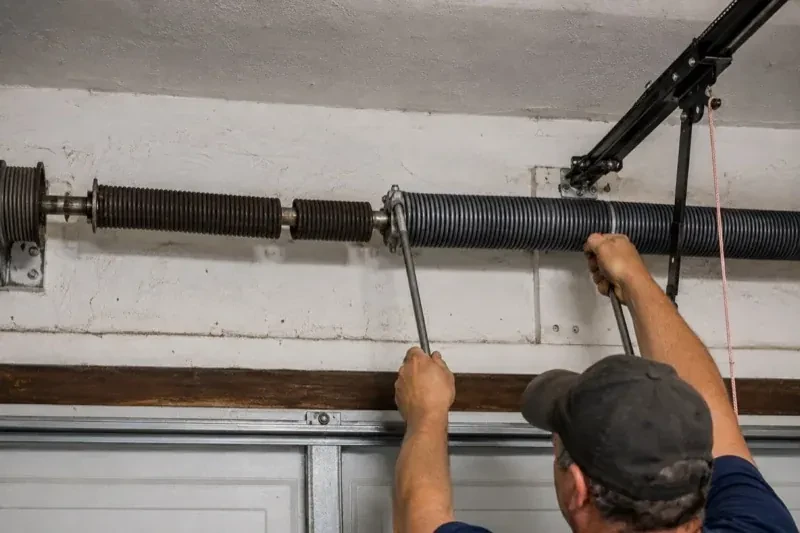 Person holding metal bars beside exposed coiled springs above a garage door. — Torsion Spring Replacement, Waterloo