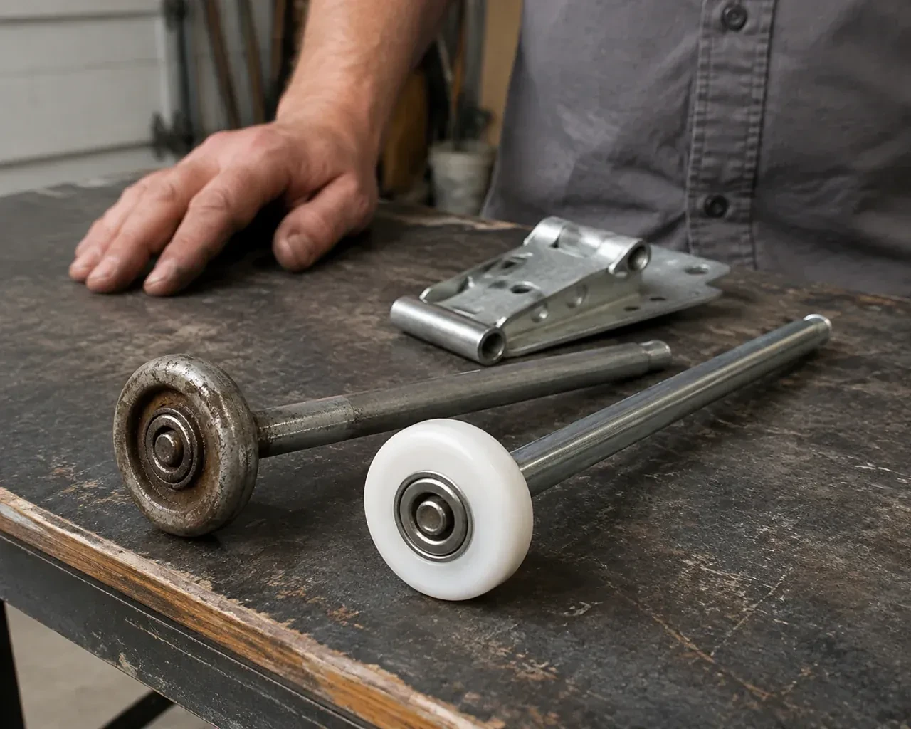 Steel and nylon garage-door rollers with long stems lie beside a detached hinge on a workbench. — Garage Door Roller Replacement, Waterloo