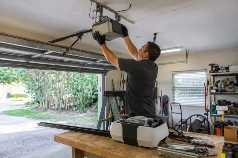 Person holding an overhead garage-door opener beside another opener and hardware on a workbench — Garage Door Opener Replacement, St. Clements