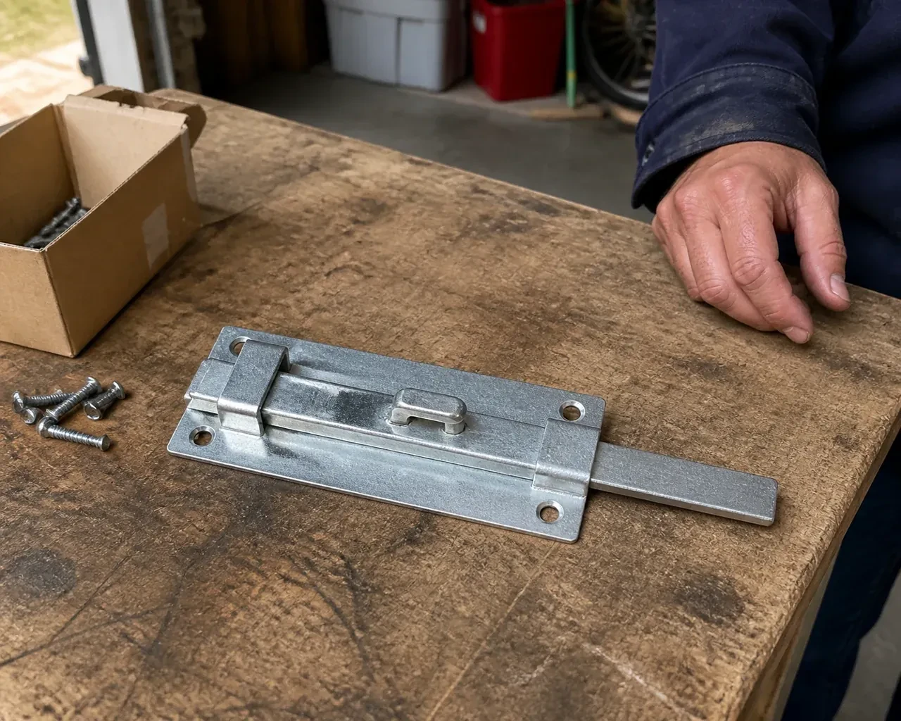 A detached metal slide bolt with mounting holes and retaining guides rests beside screws on a workbench. — Garage Door Manual Lock Repair, Waterloo