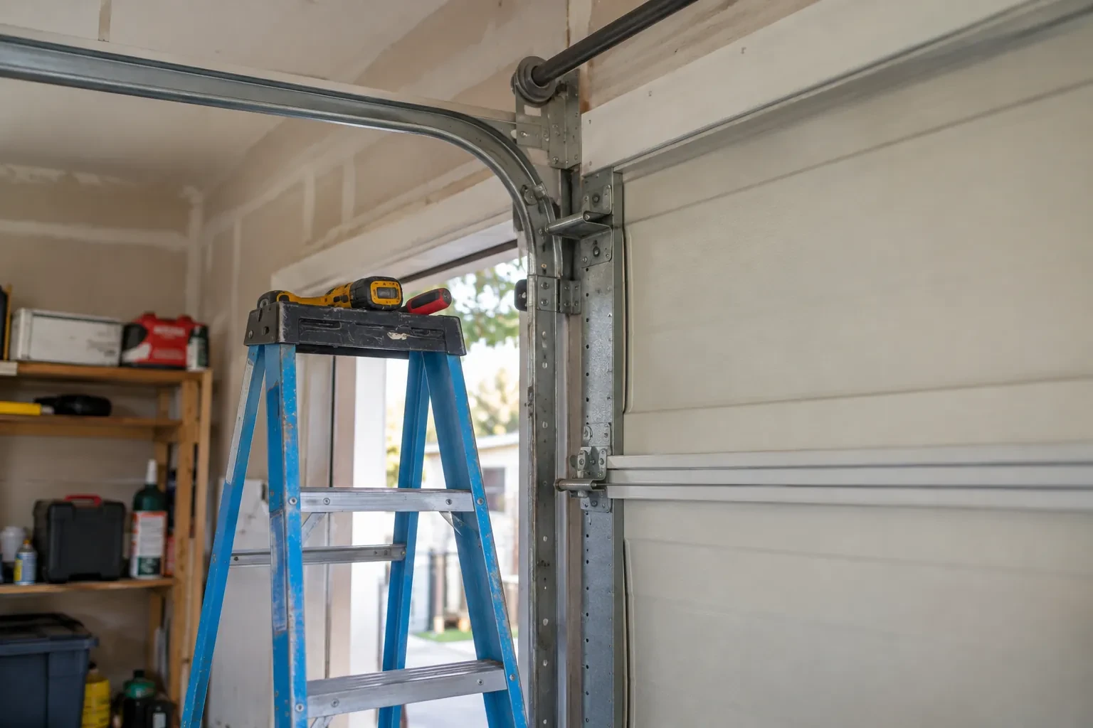 Blue stepladder with a yellow drill and a red tool on top, beside a curved metal door track and a cream door. — Linwood