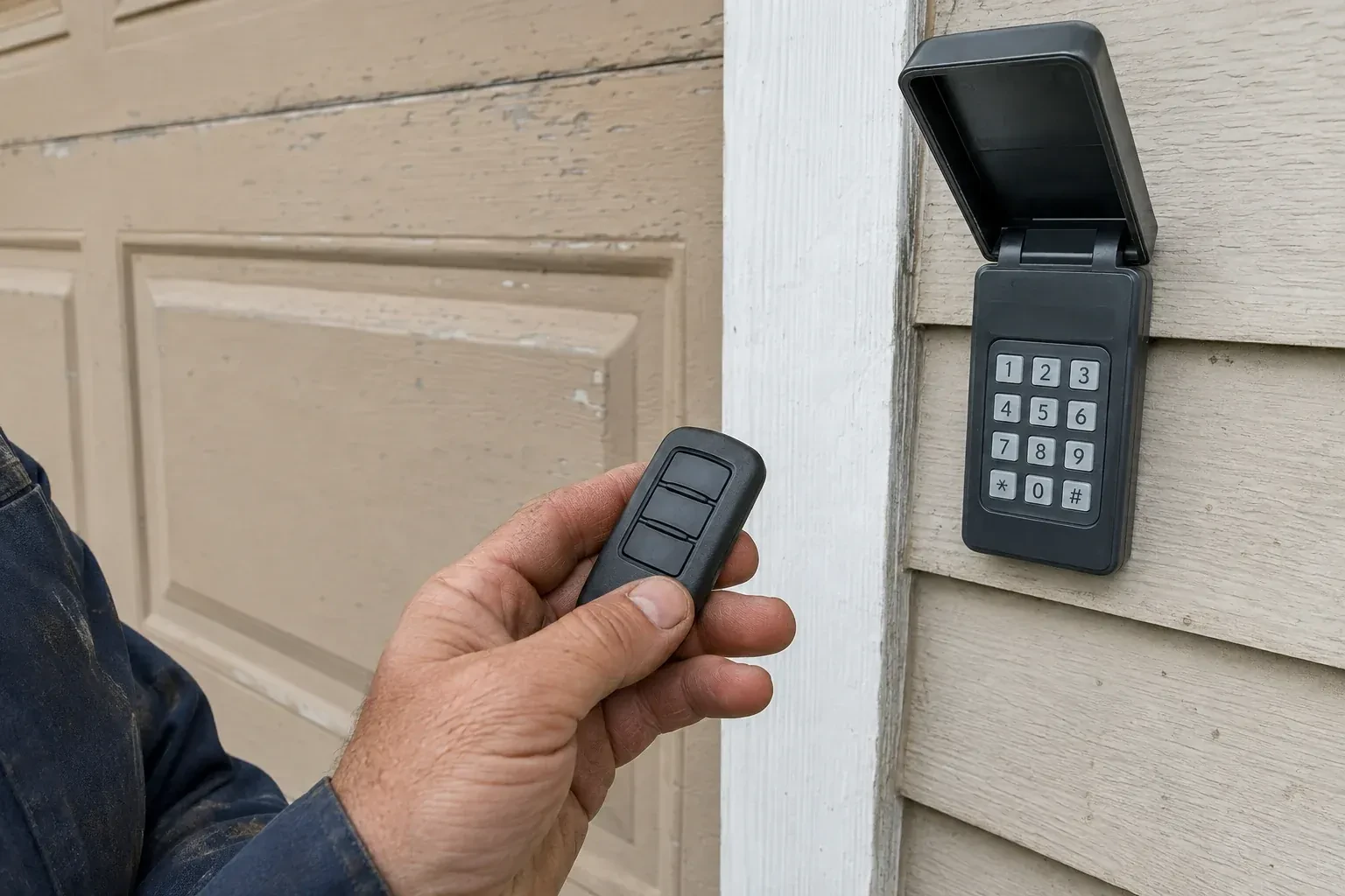 A hand holds a three-button remote beside an exterior garage keypad with its cover open. — Garage Door Remote and Keypad Programming, Linwood
