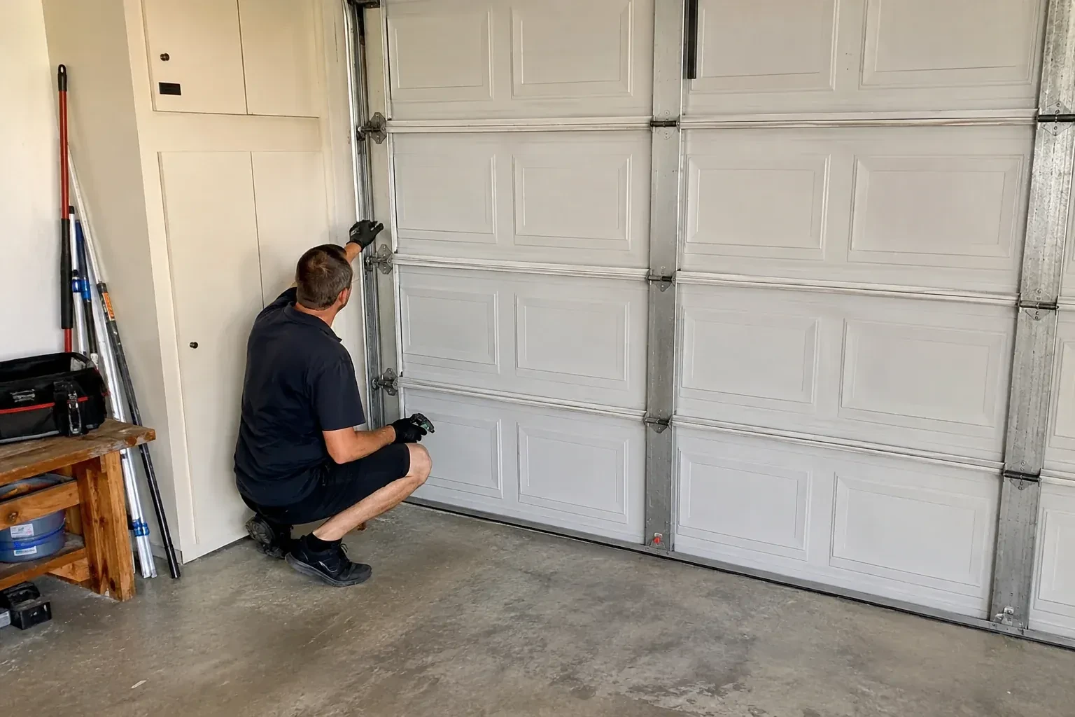 A person kneels beside the side track and hinges of a closed sectional garage door. — Garage Door Safety Inspection, Waterloo