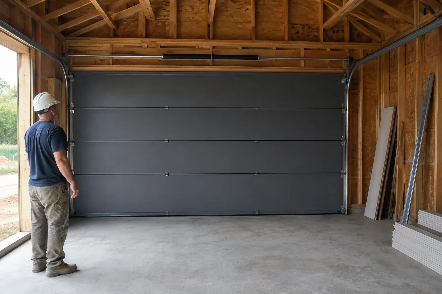 A person wearing a hard hat stands beside a dark sectional door in an unfinished timber-framed garage. — New-Construction Garage Door Installation, Waterloo