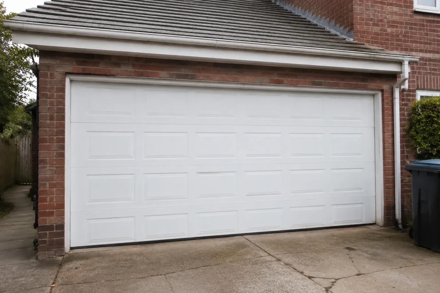 Closed white sectional garage door at an ordinary brick house. — Sectional Garage Door Replacement, Waterloo